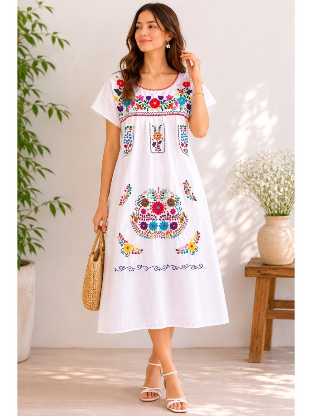 Vintage Mexican White Cotton Floral Embroidered Midi Dress M